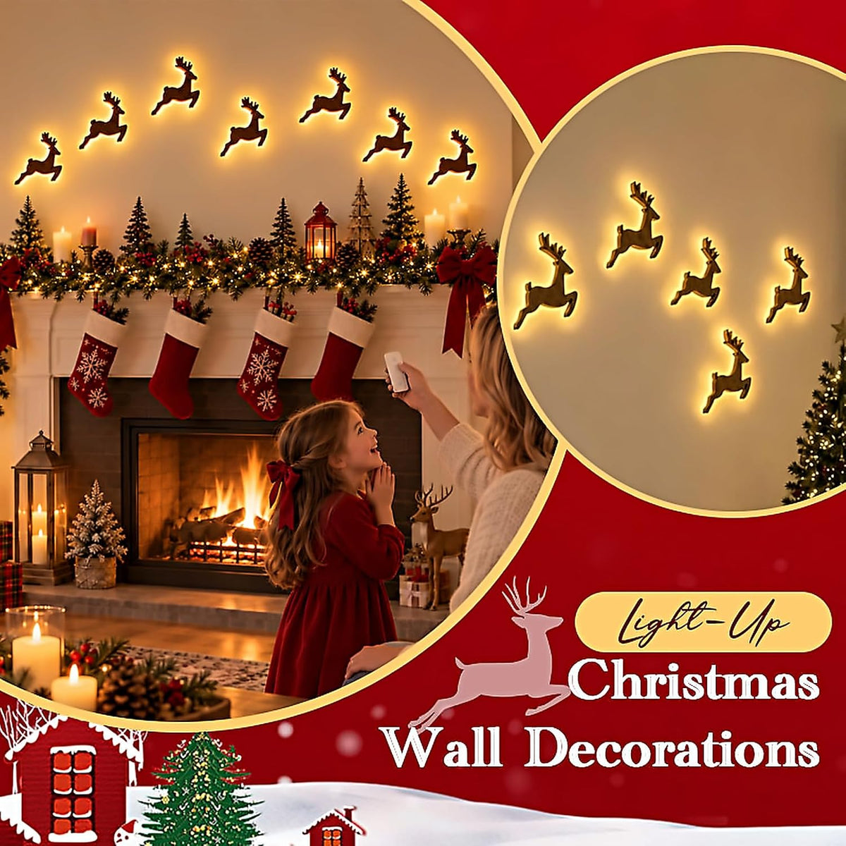 Wooden Christmas Wall Decorations, 7-Piece LED Illuminated Holiday Sign, Rustic Festive Christmas Lighting for Home, Living Room, and Winter Party Decor