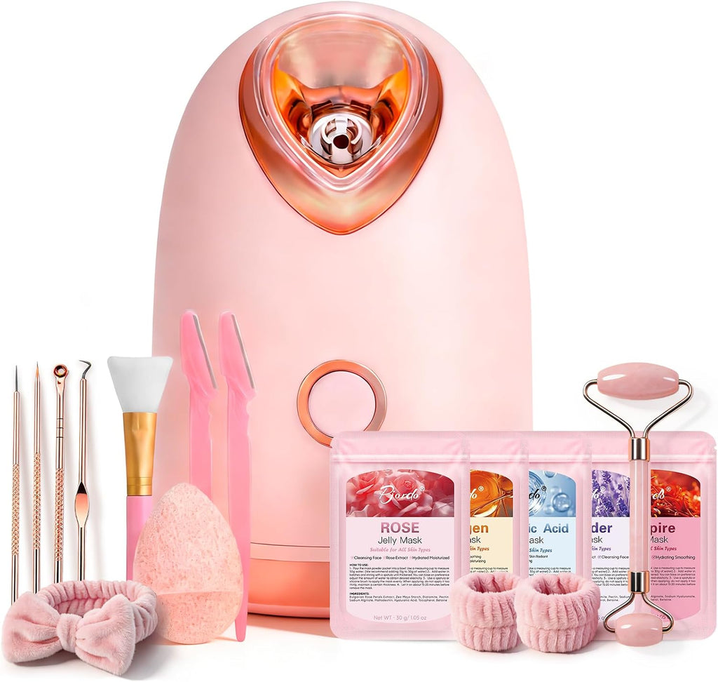 Facial Steamer Spa Kit with 17 Skin Care Tools, Nano Ionic Face Steamer for Deep Cleaning Unclogs Pores, Warm Mist Humidifier Steamer for Face Home Sauna SPA, Self Care Gifts for Women