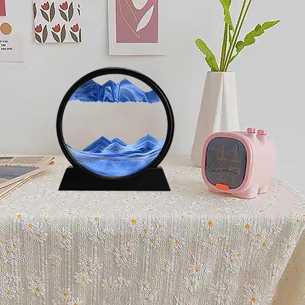 3D Dynamic Sand Art Liquid Motion, Moving Sand Art Picture round Glass 3D Deep Sea Sandscape in Motion Display Flowing Sand Painting Relaxing Desk Toys (Blue, 7'')