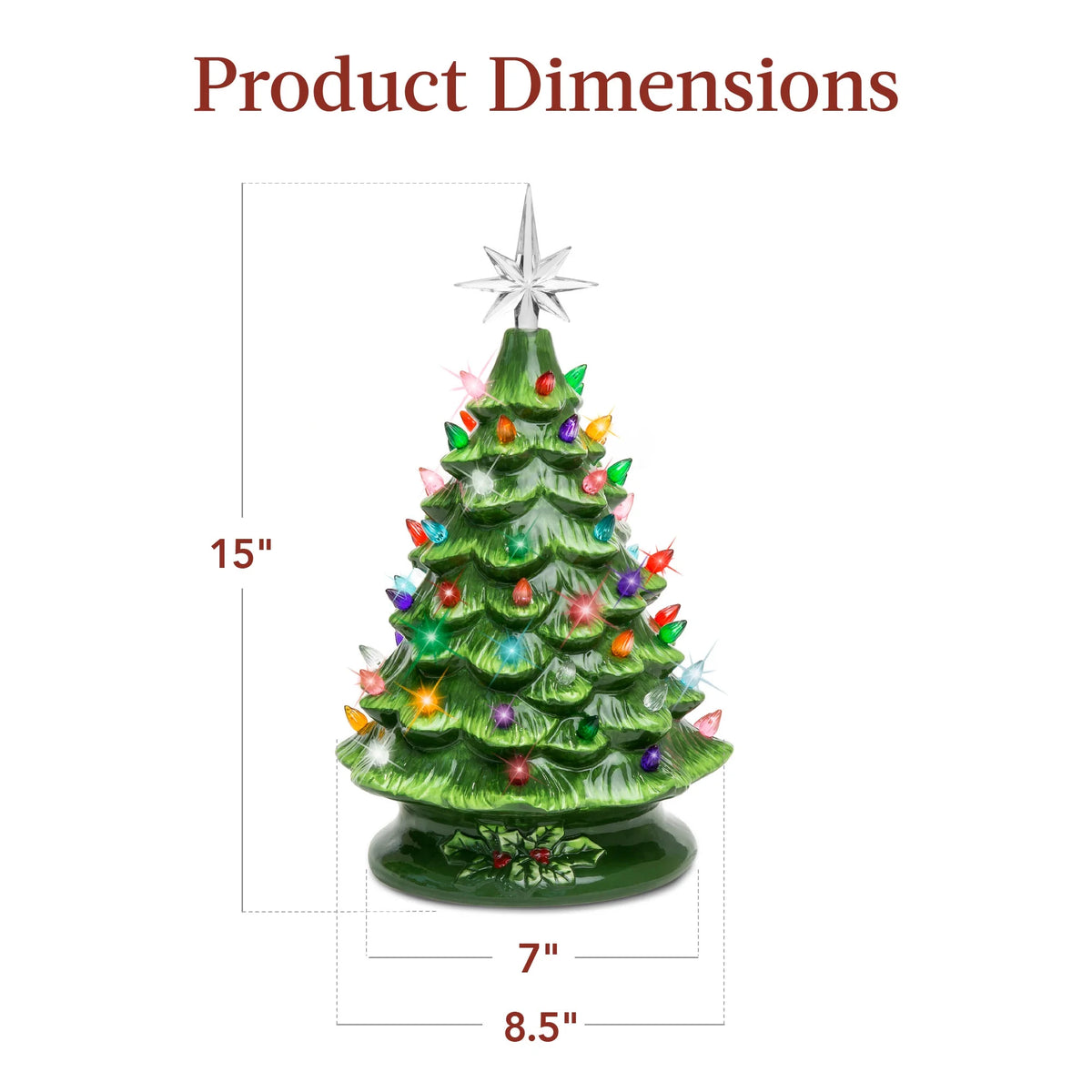 Ceramic Christmas Tree, Pre-Lit Hand-Painted Tabletop Holiday Tree - Green W/ Multicolored Lights