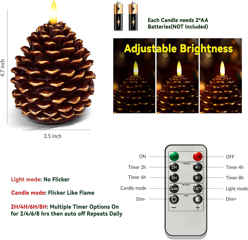 Pine Cone Flameless Candles with 2 to 8 Hour Timer, Battery Operated,2 Pcs