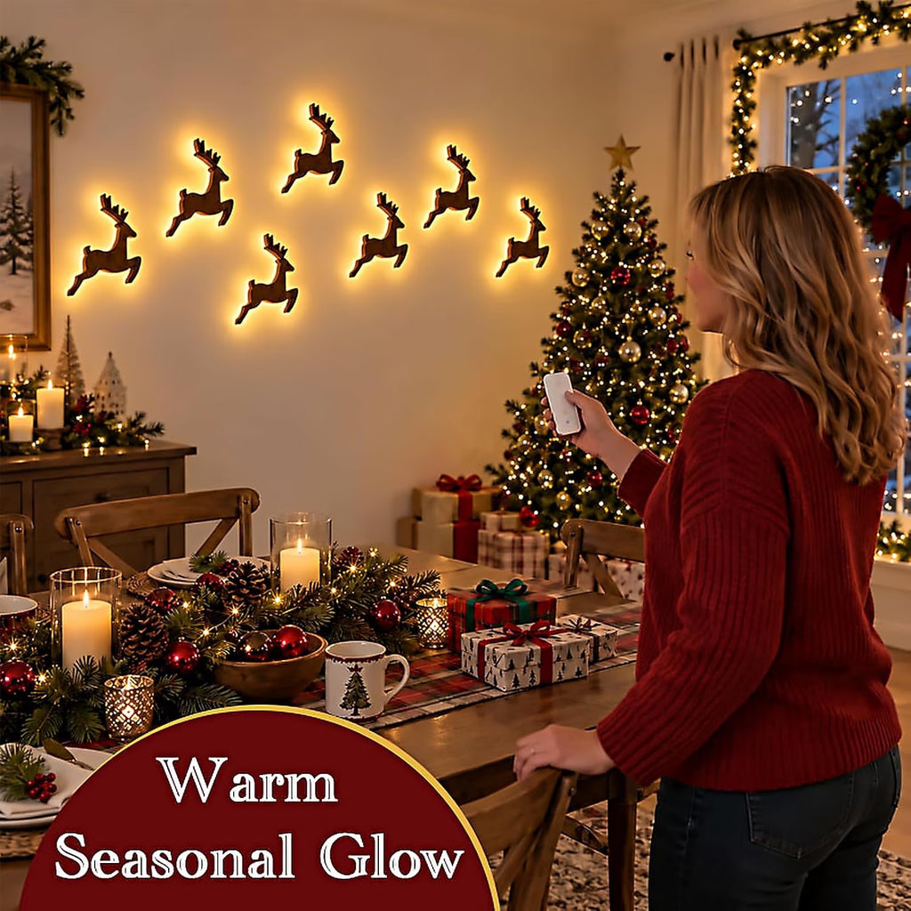 Wooden Christmas Wall Decorations, 7-Piece LED Illuminated Holiday Sign, Rustic Festive Christmas Lighting for Home, Living Room, and Winter Party Decor