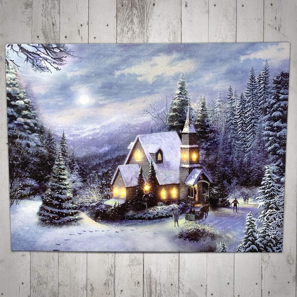 LED Lighted Church Christmas Canvas Wall Art, Winter Woodland Snowy Forest Print, Country Church Holiday Decor, Battery Operated Light up Christmas Wall Picture, 11.75 X 15.75 Inch