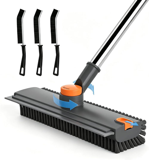 Floor Scrub Brush with Long Handle, 3 in 1 Floor Scrubber, Heavy Duty Stiff Bristle Squeegee Broom for Cleaning Shower Bathroom, Tile, Patio, Pool, Garage, Kitchen and Deck, Grey