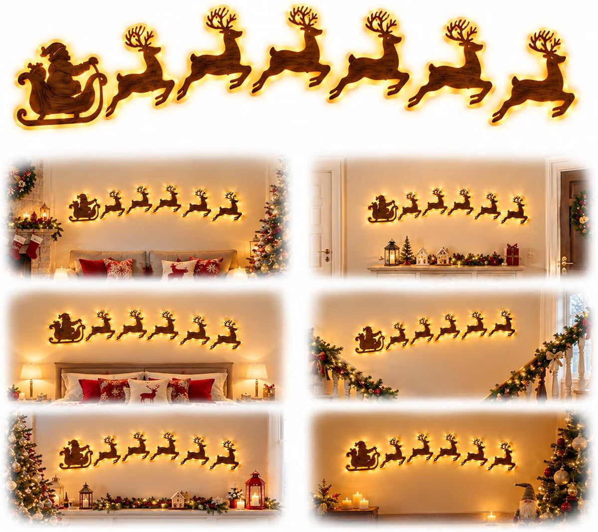 Wooden Christmas Wall Decorations, 7-Piece LED Illuminated Holiday Sign, Rustic Festive Christmas Lighting for Home, Living Room, and Winter Party Decor