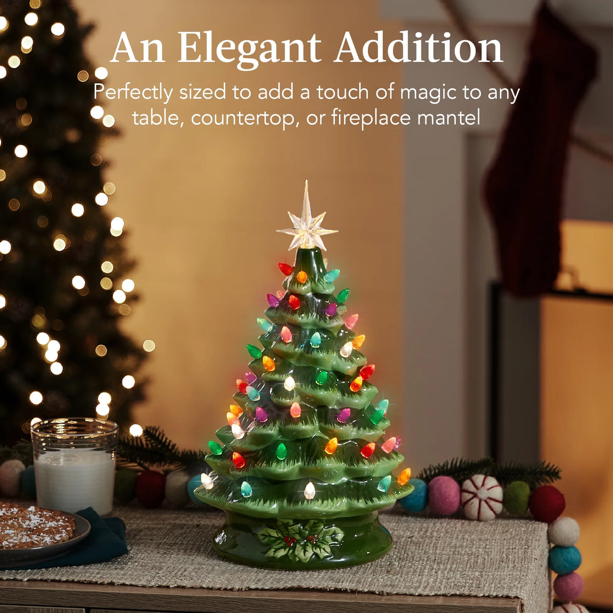 Ceramic Christmas Tree, Pre-Lit Hand-Painted Tabletop Holiday Tree - Green W/ Multicolored Lights