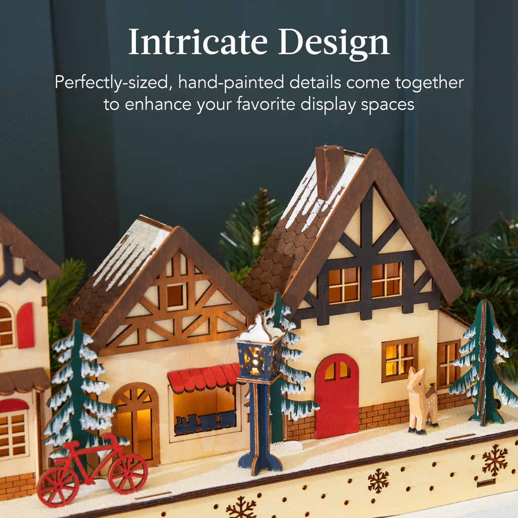 Pre-Lit Wooden Christmas Village, Plug-In/Battery-Powered Winter Mantel Decor W/ 20 LED Lights