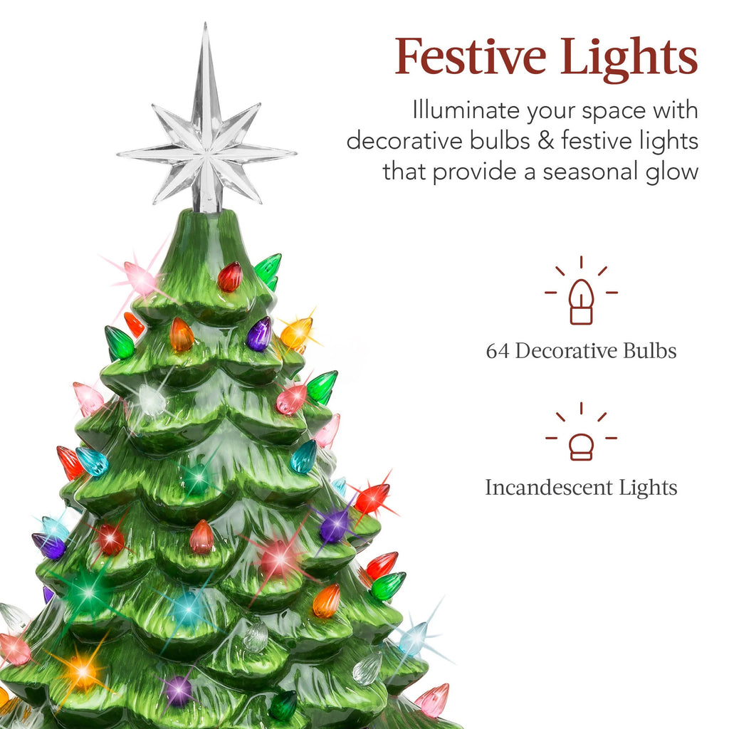 Ceramic Christmas Tree, Pre-Lit Hand-Painted Tabletop Holiday Tree - Green W/ Multicolored Lights