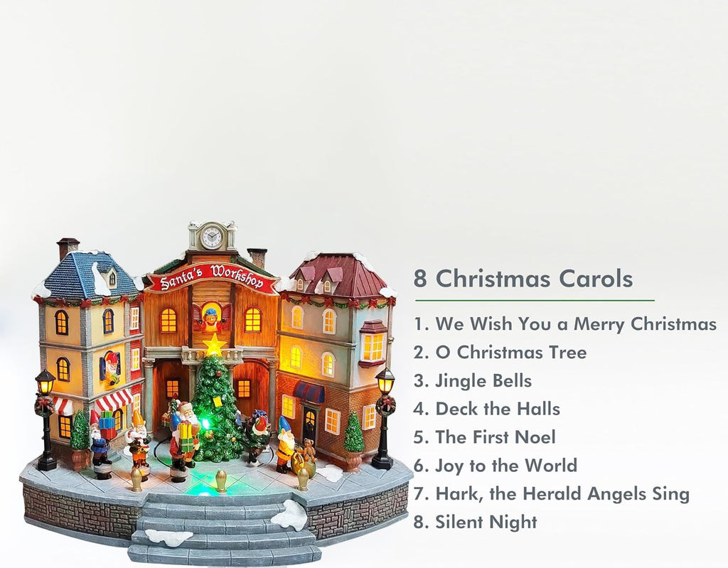 Animated Santa’S Workshop Town Center 10.83” LED Lights, Moving Christmas Tree, 8 Classic Carols, Power Adapter Included Hand-Painted Polyresin Christmas Village