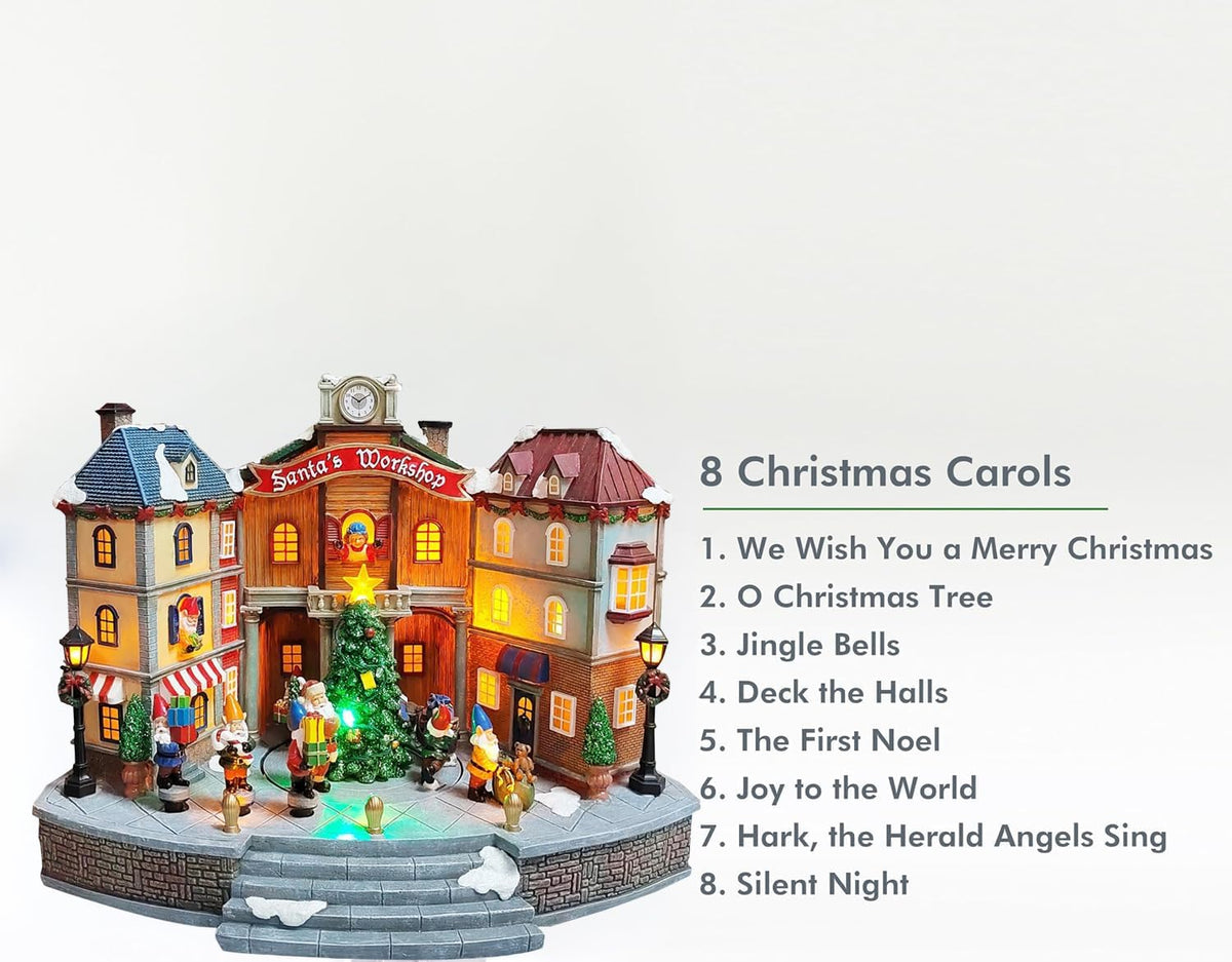 Animated Santa’S Workshop Town Center 10.83” LED Lights, Moving Christmas Tree, 8 Classic Carols, Power Adapter Included Hand-Painted Polyresin Christmas Village