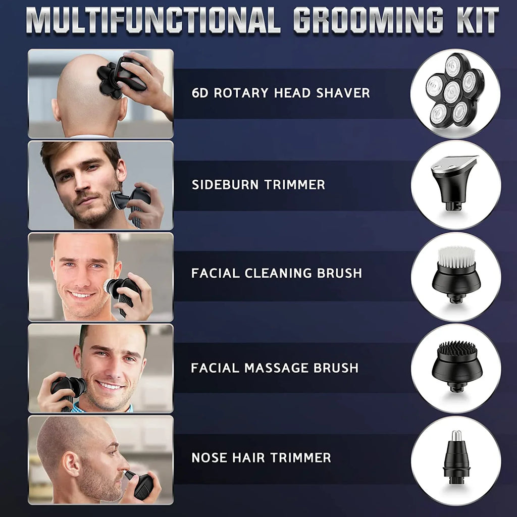 5-In-1 Head Shaver for Bald Men, 6D Floating Heads, Waterproof Wet/Dry Shower Shave, LED Display, 90Min Runtime, Grooming Kit, Gift for Men