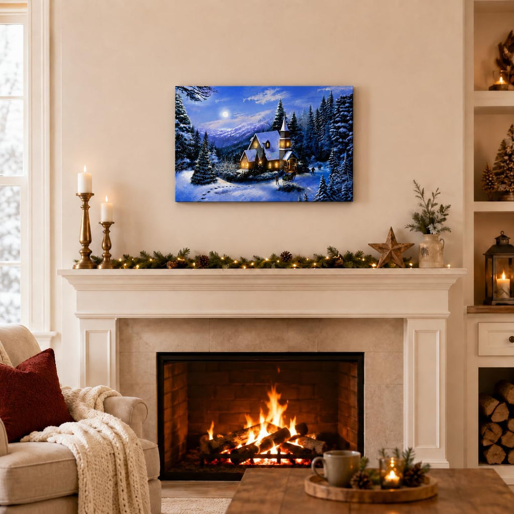 LED Lighted Church Christmas Canvas Wall Art, Winter Woodland Snowy Forest Print, Country Church Holiday Decor, Battery Operated Light up Christmas Wall Picture, 11.75 X 15.75 Inch