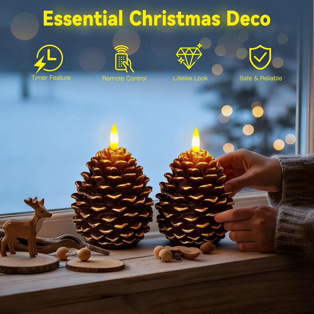 Pine Cone Flameless Candles with 2 to 8 Hour Timer, Battery Operated,2 Pcs