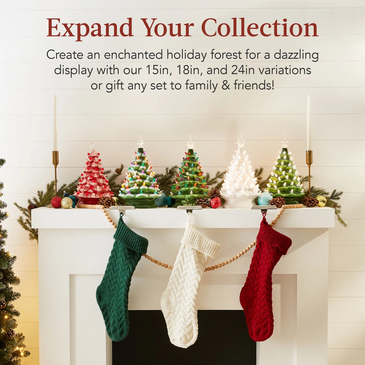 Ceramic Christmas Tree, Pre-Lit Hand-Painted Tabletop Holiday Tree - Green W/ Multicolored Lights