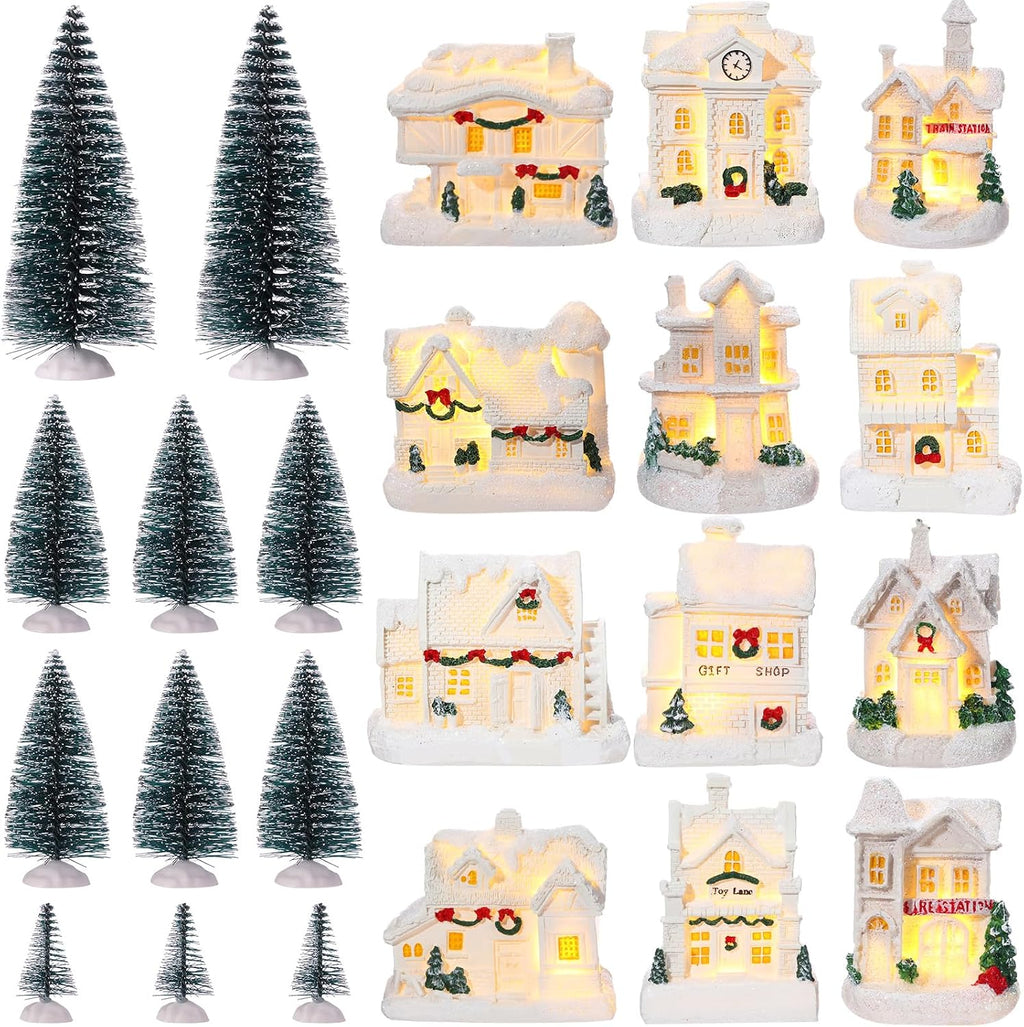24 Pcs Christmas Houses Village Set with Lights, White, Cute