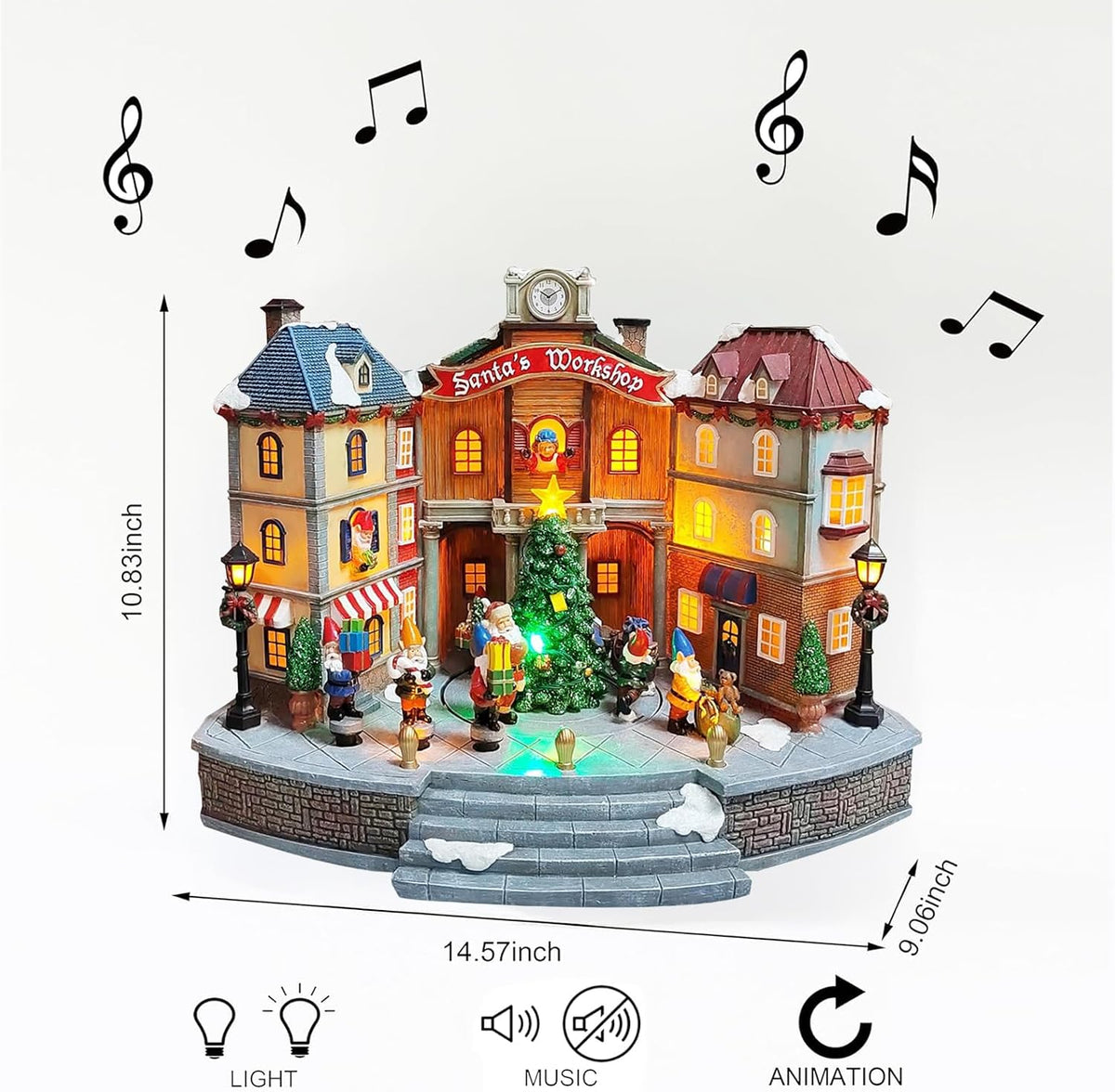Animated Santa’S Workshop Town Center 10.83” LED Lights, Moving Christmas Tree, 8 Classic Carols, Power Adapter Included Hand-Painted Polyresin Christmas Village