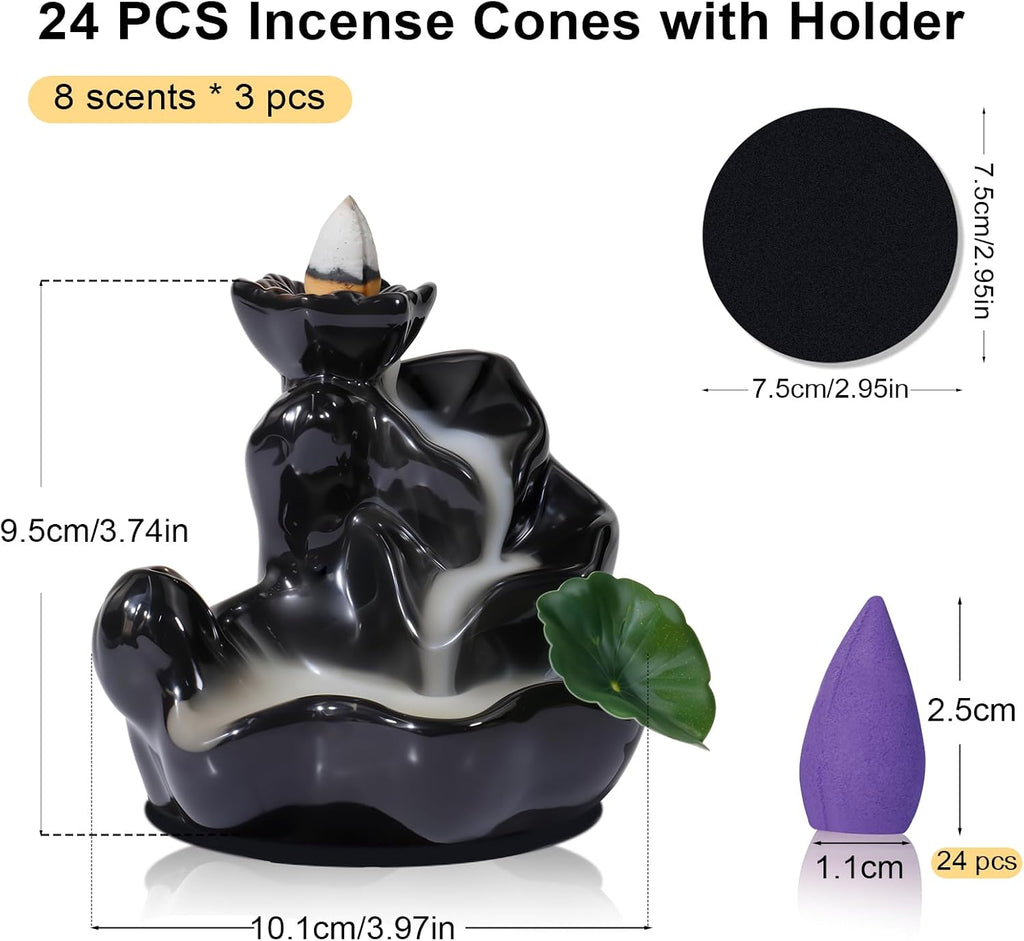 Backflow Incense Cones with Burner for Waterfall, 8 Scents 24 PCS