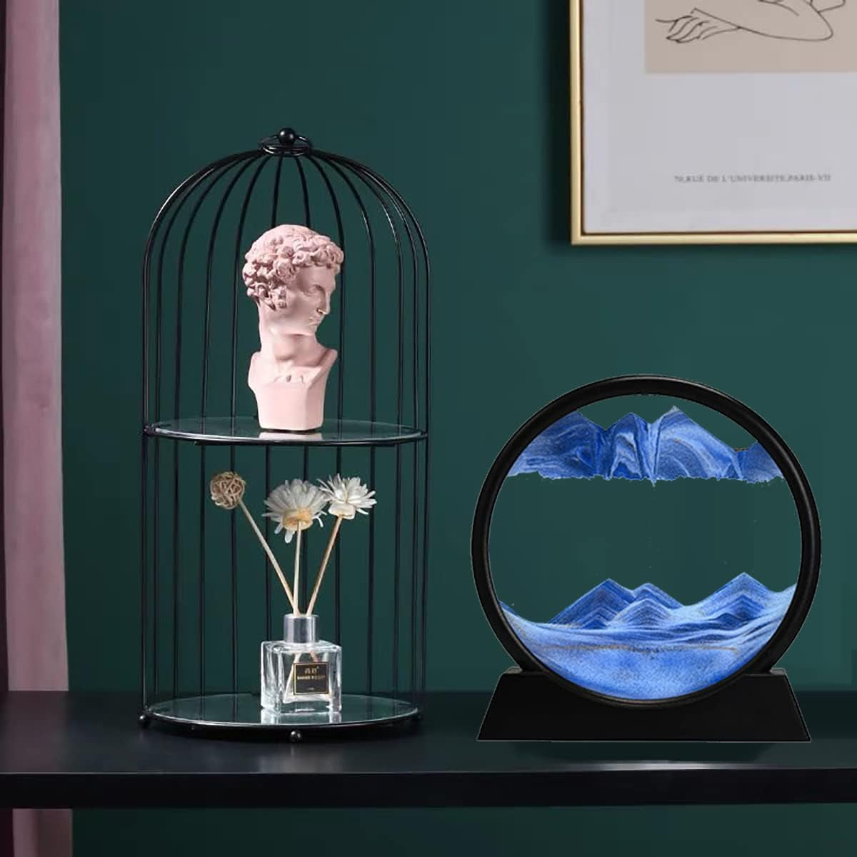 3D Dynamic Sand Art Liquid Motion, Moving Sand Art Picture round Glass 3D Deep Sea Sandscape in Motion Display Flowing Sand Painting Relaxing Desk Toys (Blue, 7'')