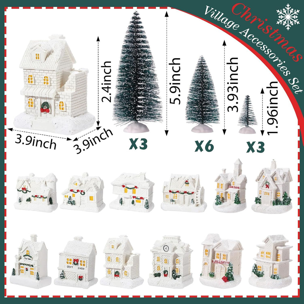 24 Pcs Christmas Houses Village Set with Lights, White, Cute