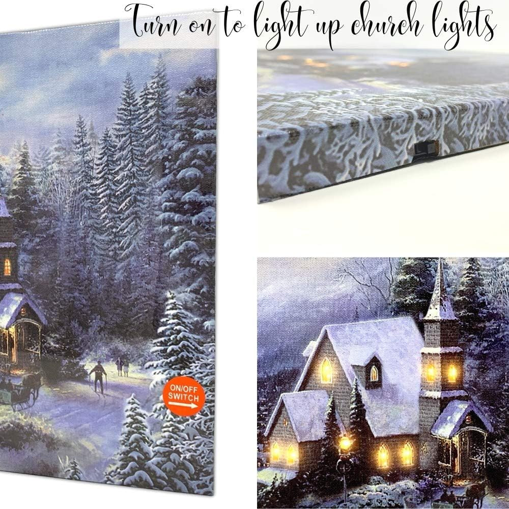 LED Lighted Church Christmas Canvas Wall Art, Winter Woodland Snowy Forest Print, Country Church Holiday Decor, Battery Operated Light up Christmas Wall Picture, 11.75 X 15.75 Inch