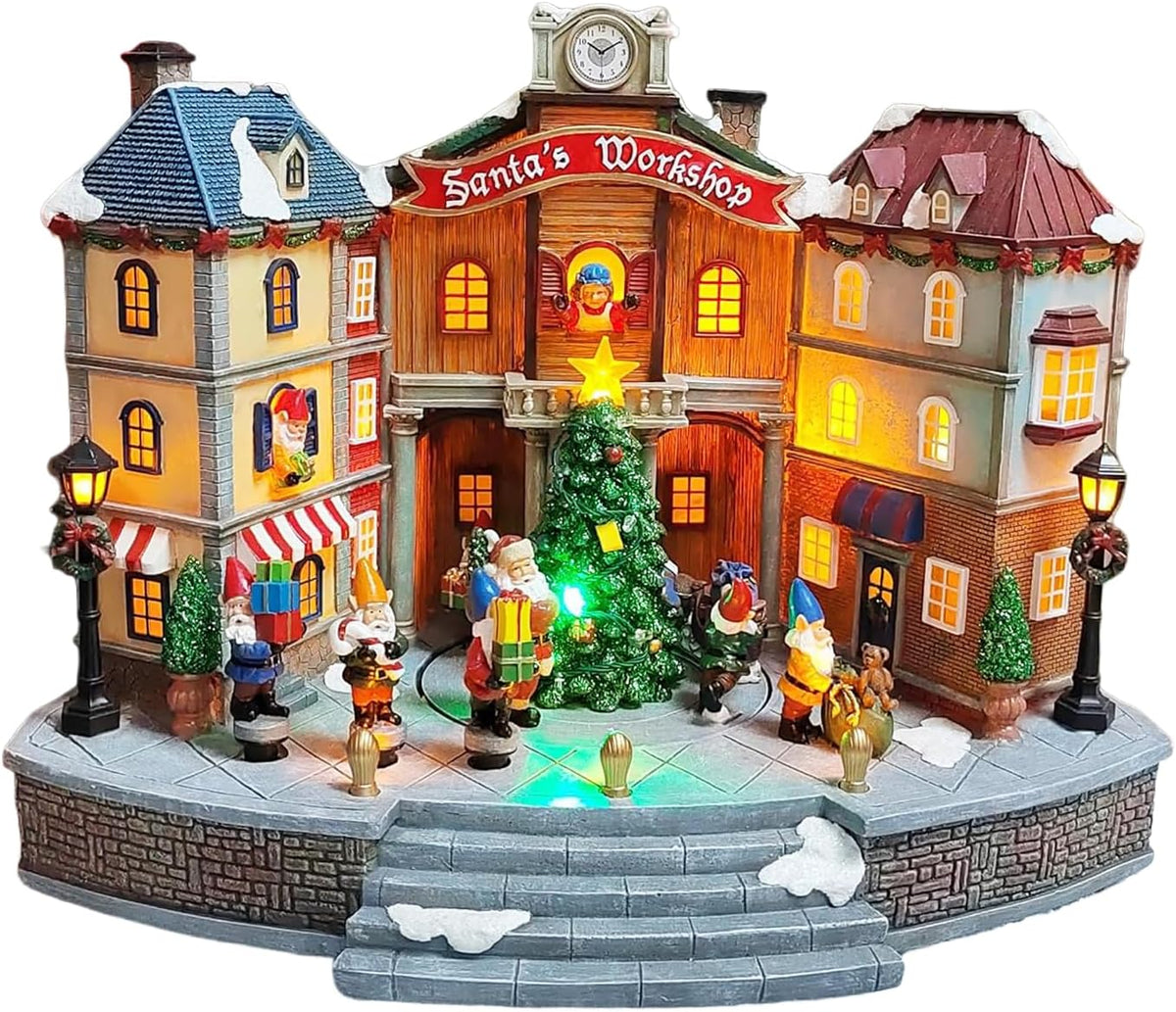 Animated Santa’S Workshop Town Center 10.83” LED Lights, Moving Christmas Tree, 8 Classic Carols, Power Adapter Included Hand-Painted Polyresin Christmas Village