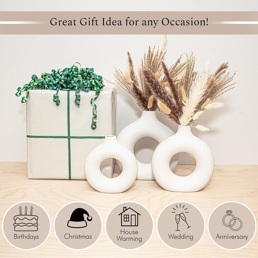Set of 3 White Ceramic Vase with 65 PCS Dried Pampas Grass Flowers Aesthetic Boho Modern Small round Cute Vases for Decor Living Room Coffee Table Shelf Bedroom Office Desk Home Gifts Women Mom