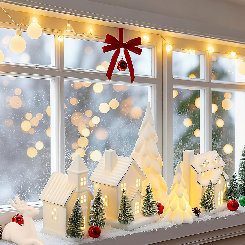 12 Pcs Ceramic Christmas Village Set, 3 White Village Houses with Lights 2 LED Ceramic Christmas Tree 2 Porcelain Reindeer Figurines 5 Sisal Tree for Xmas Winter Holiday Fireplace Tabletop Decor