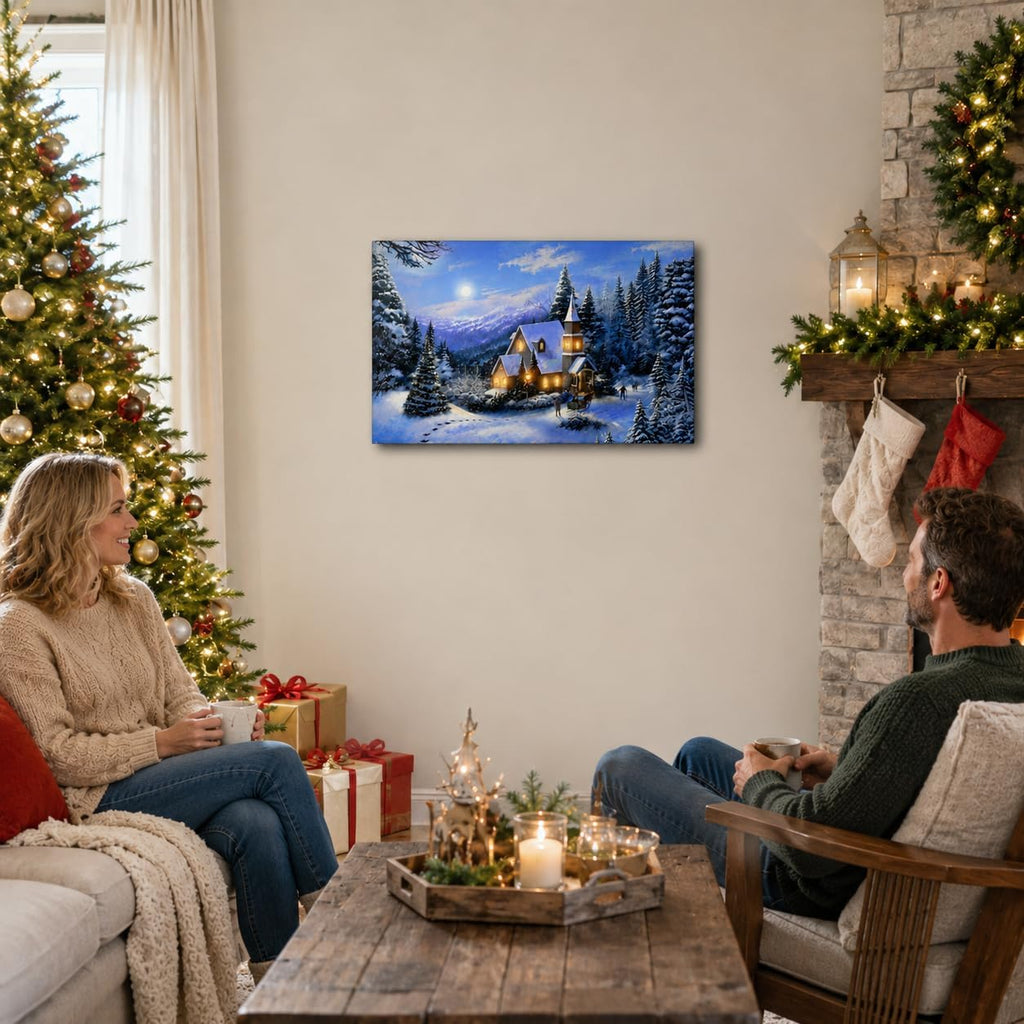 LED Lighted Church Christmas Canvas Wall Art, Winter Woodland Snowy Forest Print, Country Church Holiday Decor, Battery Operated Light up Christmas Wall Picture, 11.75 X 15.75 Inch