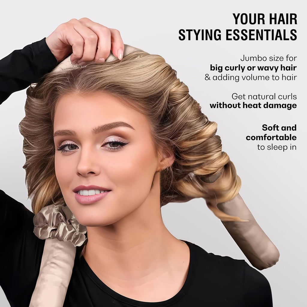 Jumbo Heatless Hair Curler Set-Satin Heatless Curls Overnight, Jumbo Curling Rod Headband, No Heat Curlers to Sleep in (Brown)