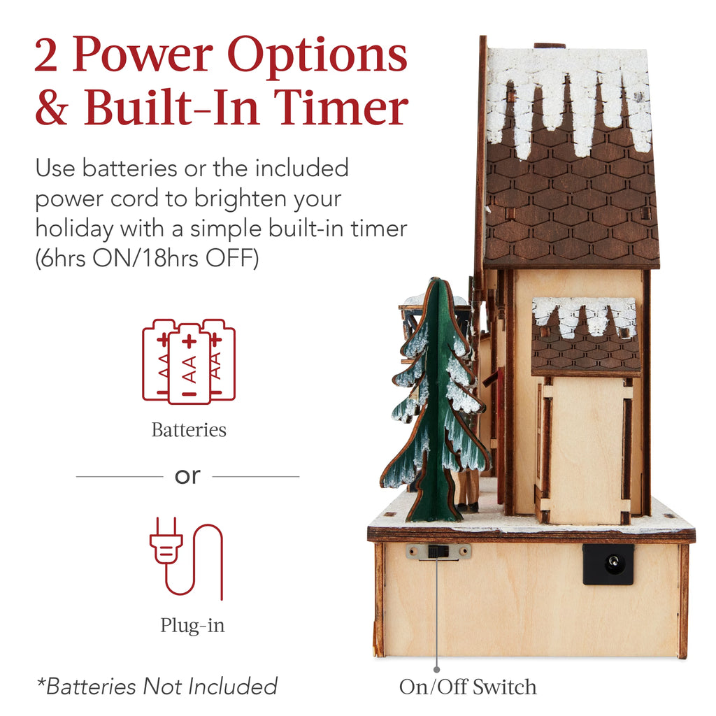 Pre-Lit Wooden Christmas Village, Plug-In/Battery-Powered Winter Mantel Decor W/ 20 LED Lights