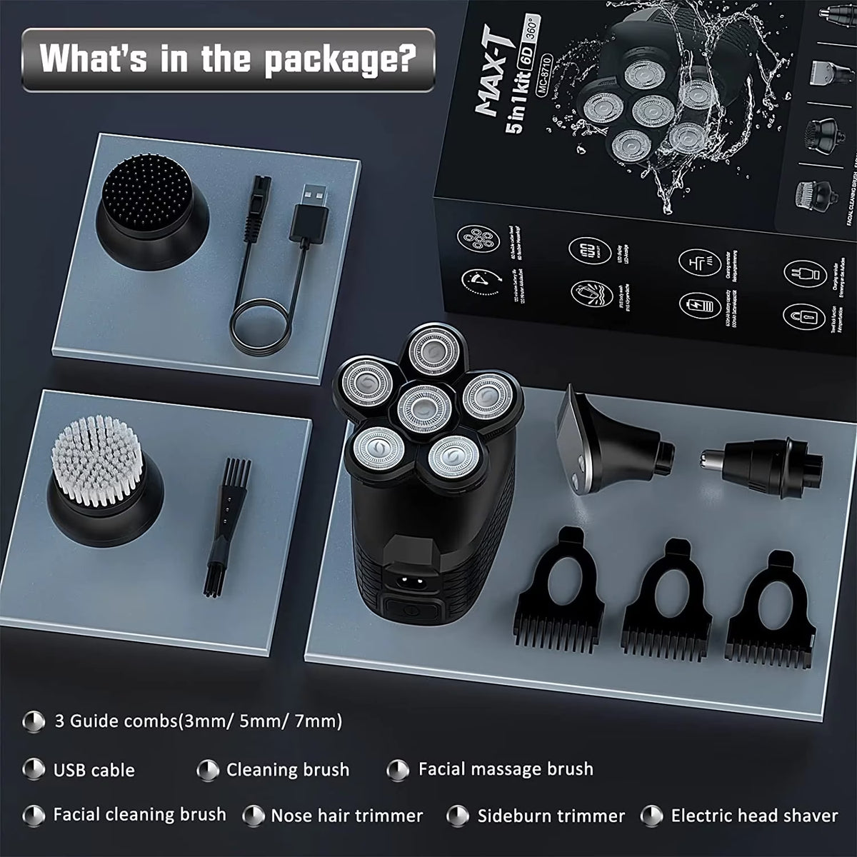 5-In-1 Head Shaver for Bald Men, 6D Floating Heads, Waterproof Wet/Dry Shower Shave, LED Display, 90Min Runtime, Grooming Kit, Gift for Men