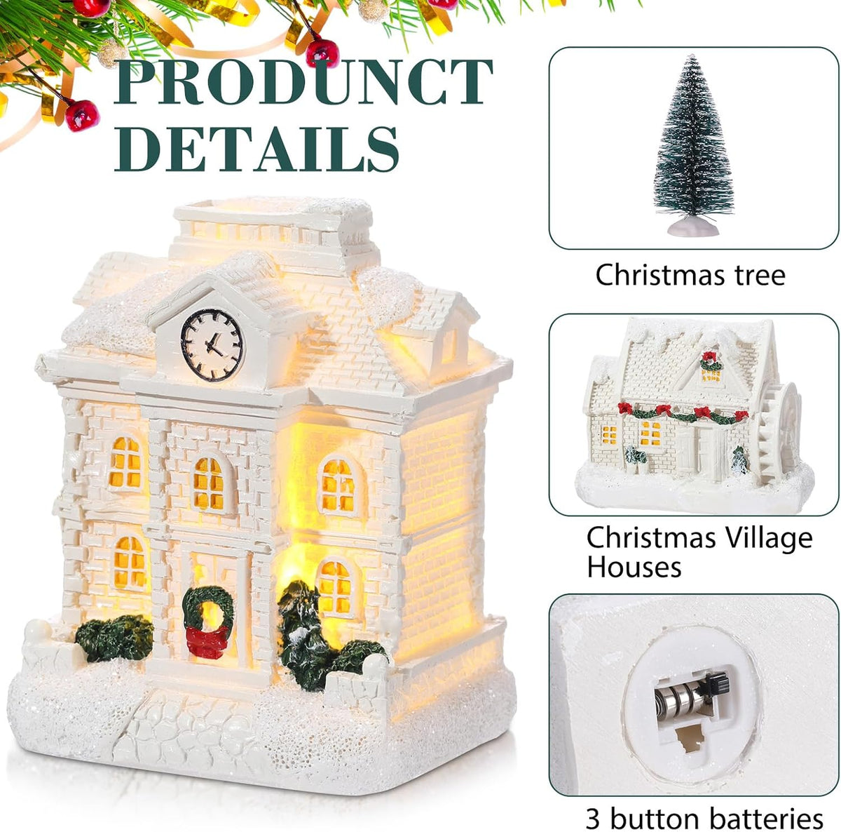 24 Pcs Christmas Houses Village Set with Lights, White, Cute