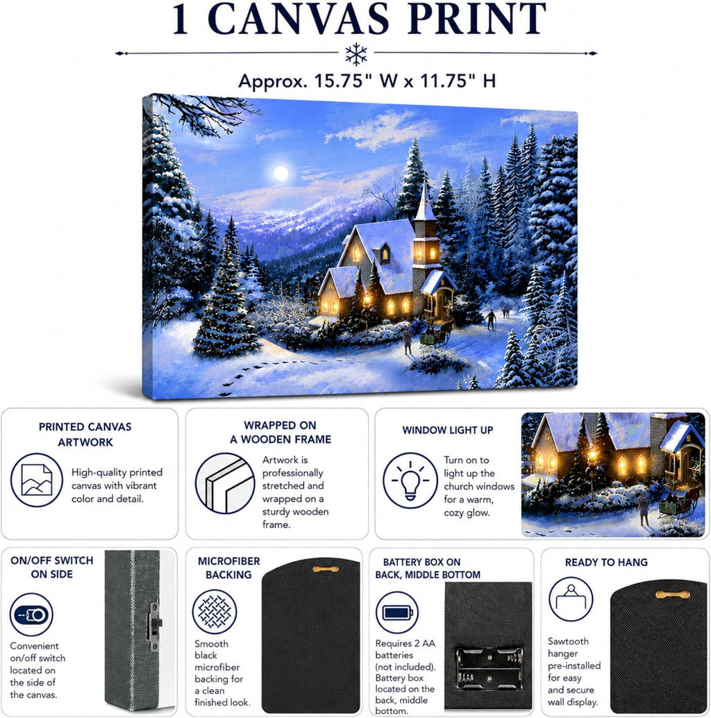 LED Lighted Church Christmas Canvas Wall Art, Winter Woodland Snowy Forest Print, Country Church Holiday Decor, Battery Operated Light up Christmas Wall Picture, 11.75 X 15.75 Inch