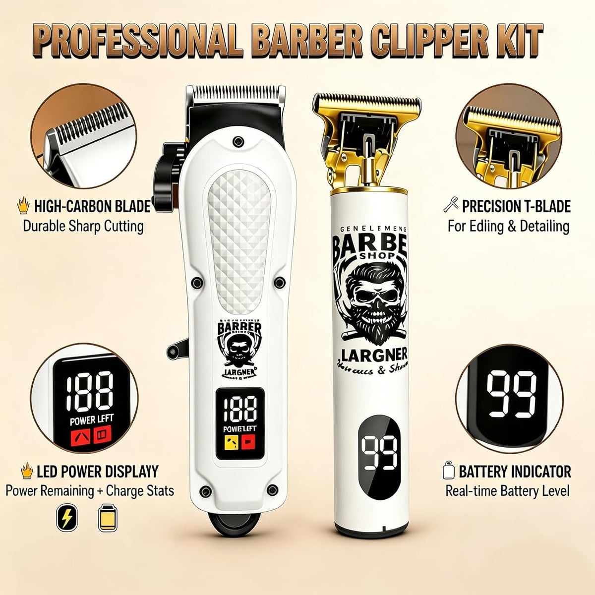Hair Clippers for Men, Clippers and Trimmers Set, Barber Clippers, Electric Hair Trimmer with Box, Gifts for Men,White