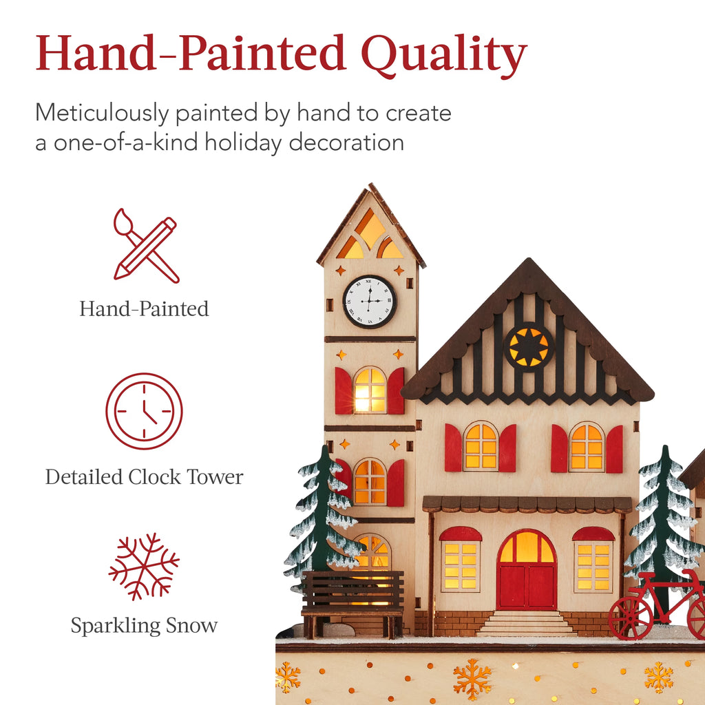Pre-Lit Wooden Christmas Village, Plug-In/Battery-Powered Winter Mantel Decor W/ 20 LED Lights