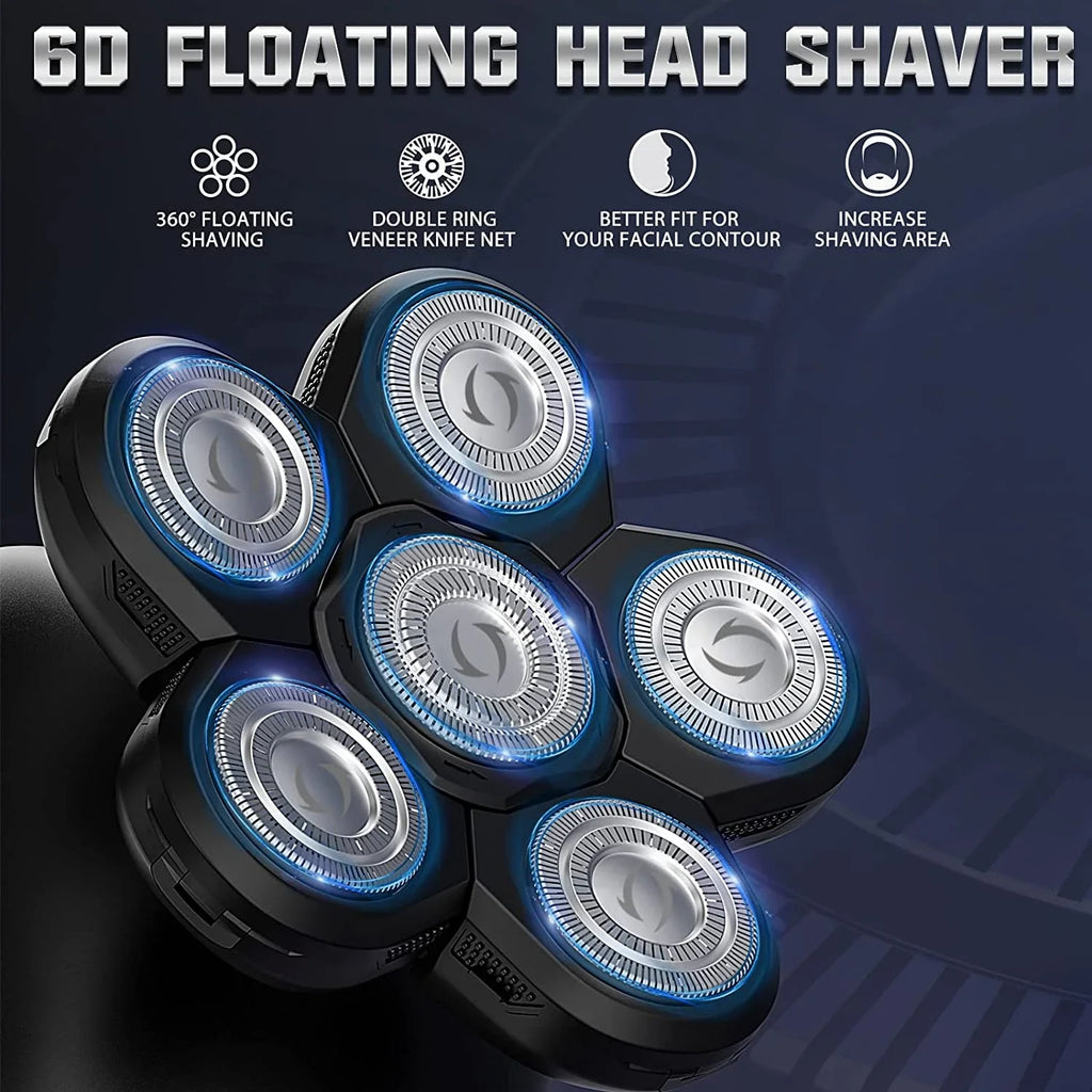 5-In-1 Head Shaver for Bald Men, 6D Floating Heads, Waterproof Wet/Dry Shower Shave, LED Display, 90Min Runtime, Grooming Kit, Gift for Men