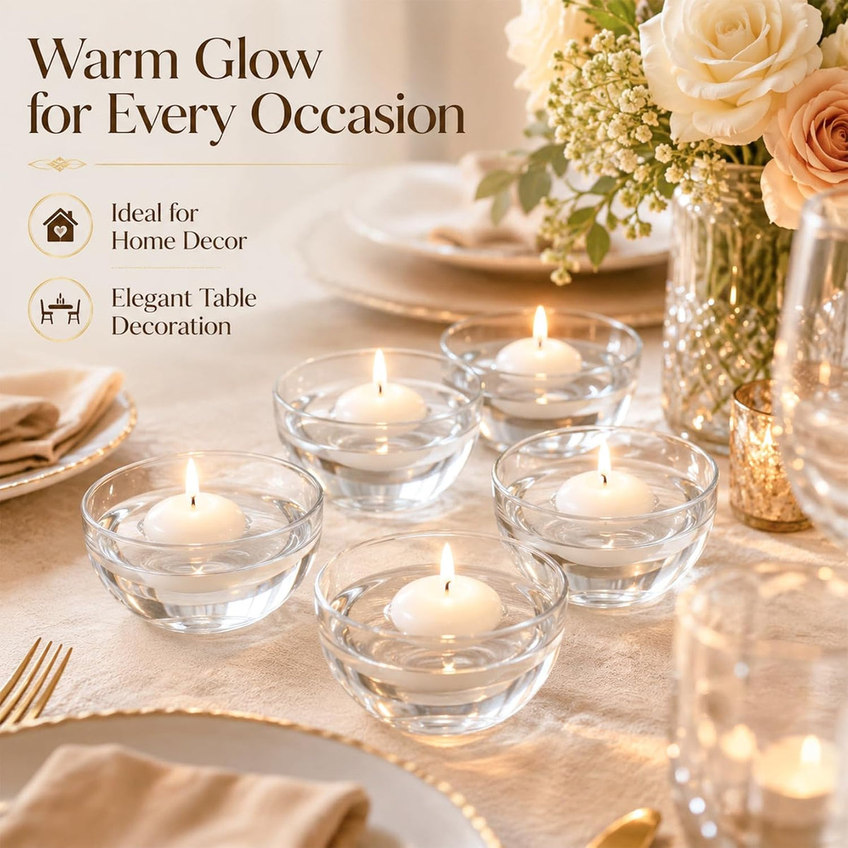 White floating candles with flowers for a romantic table setting