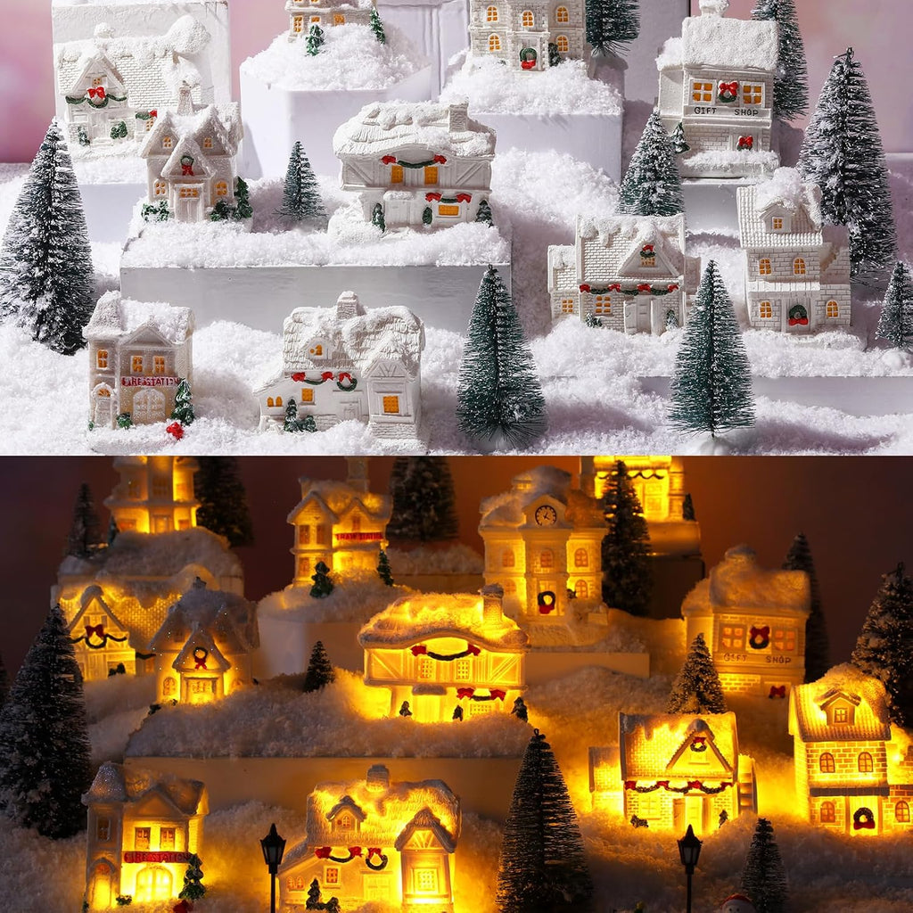 24 Pcs Christmas Houses Village Set with Lights, White, Cute