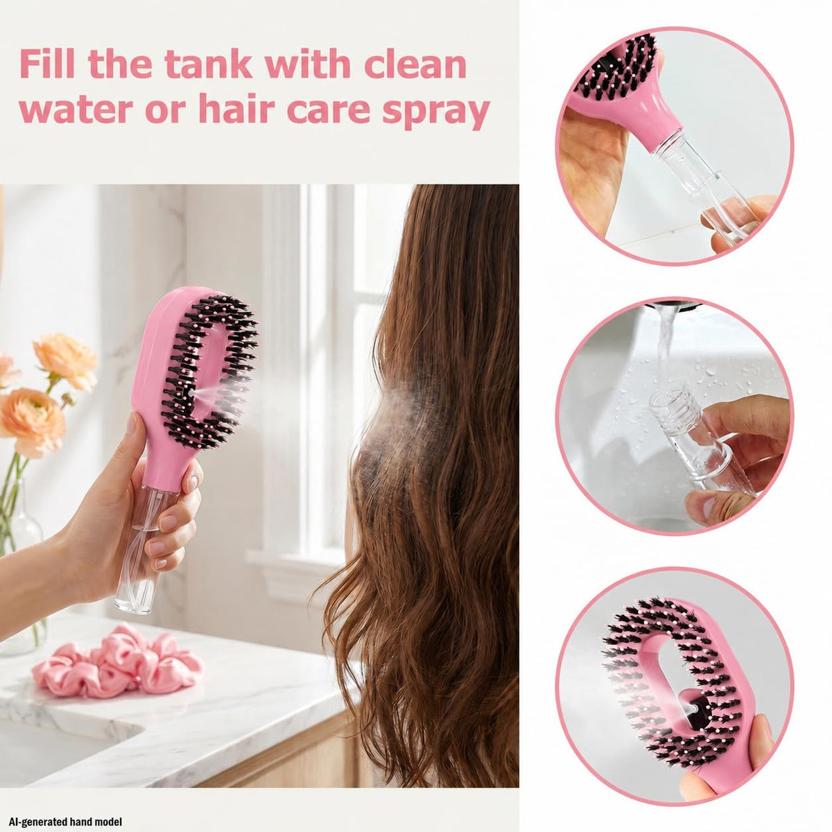 Hair Brush with Water Spray, 2-In-1 Detangling Brush for Curly Hair, Pink
