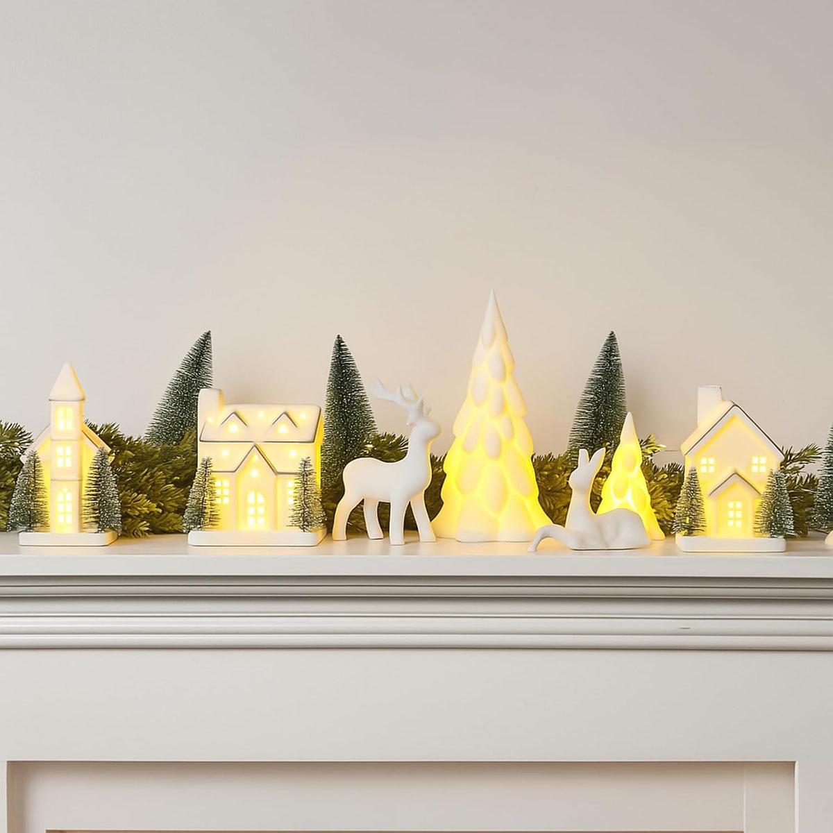 12 Pcs Ceramic Christmas Village Set, 3 White Village Houses with Lights 2 LED Ceramic Christmas Tree 2 Porcelain Reindeer Figurines 5 Sisal Tree for Xmas Winter Holiday Fireplace Tabletop Decor