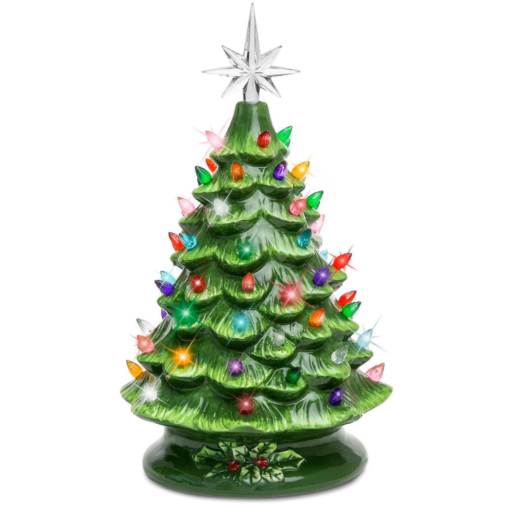 Ceramic Christmas Tree, Pre-Lit Hand-Painted Tabletop Holiday Tree - Green W/ Multicolored Lights