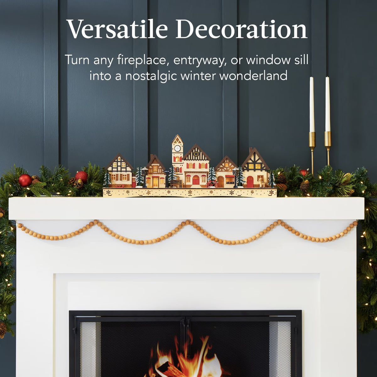 Pre-Lit Wooden Christmas Village, Plug-In/Battery-Powered Winter Mantel Decor W/ 20 LED Lights