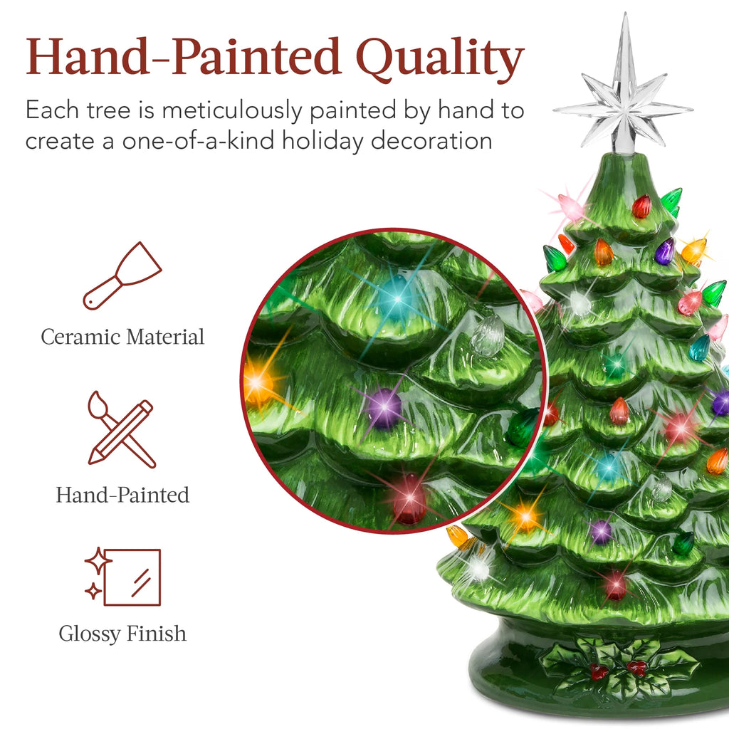 Ceramic Christmas Tree, Pre-Lit Hand-Painted Tabletop Holiday Tree - Green W/ Multicolored Lights