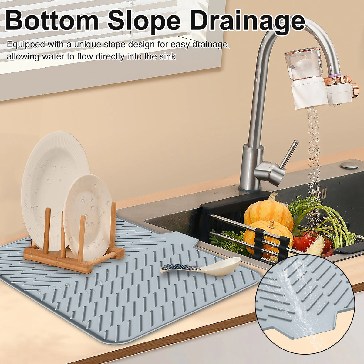 Dish Drying Mat-Silicone Drying Pad Kitchen Counter Dining-Table Non-Slip Drain Pad Anti-Scald Pot Cup Pad Kitchen Counter Tools