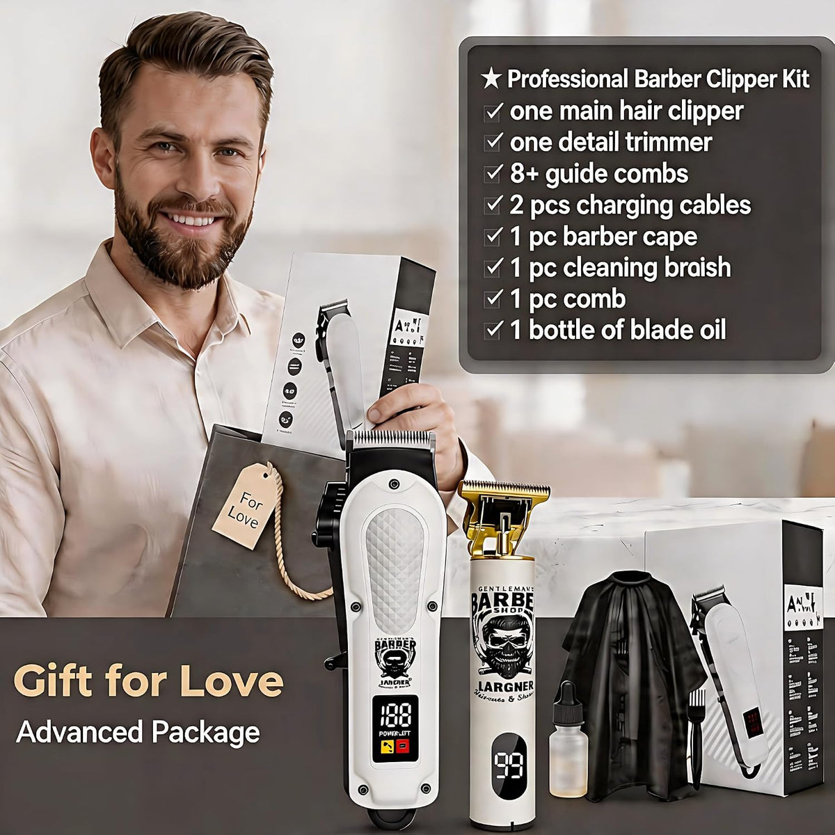 Hair Clippers for Men, Clippers and Trimmers Set, Barber Clippers, Electric Hair Trimmer with Box, Gifts for Men,White