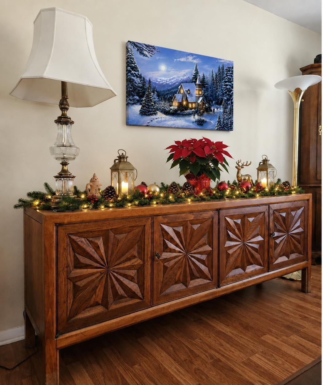 LED Lighted Church Christmas Canvas Wall Art, Winter Woodland Snowy Forest Print, Country Church Holiday Decor, Battery Operated Light up Christmas Wall Picture, 11.75 X 15.75 Inch