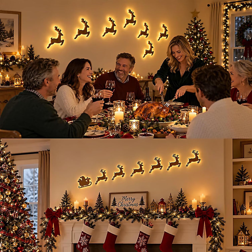 Wooden Christmas Wall Decorations, 7-Piece LED Illuminated Holiday Sign, Rustic Festive Christmas Lighting for Home, Living Room, and Winter Party Decor