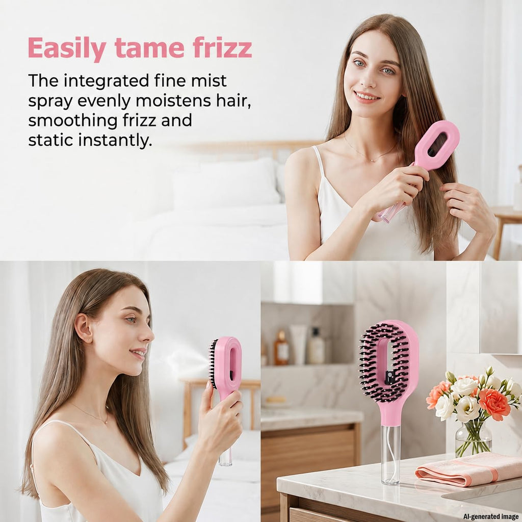 Hair Brush with Water Spray, 2-In-1 Detangling Brush for Curly Hair, Pink