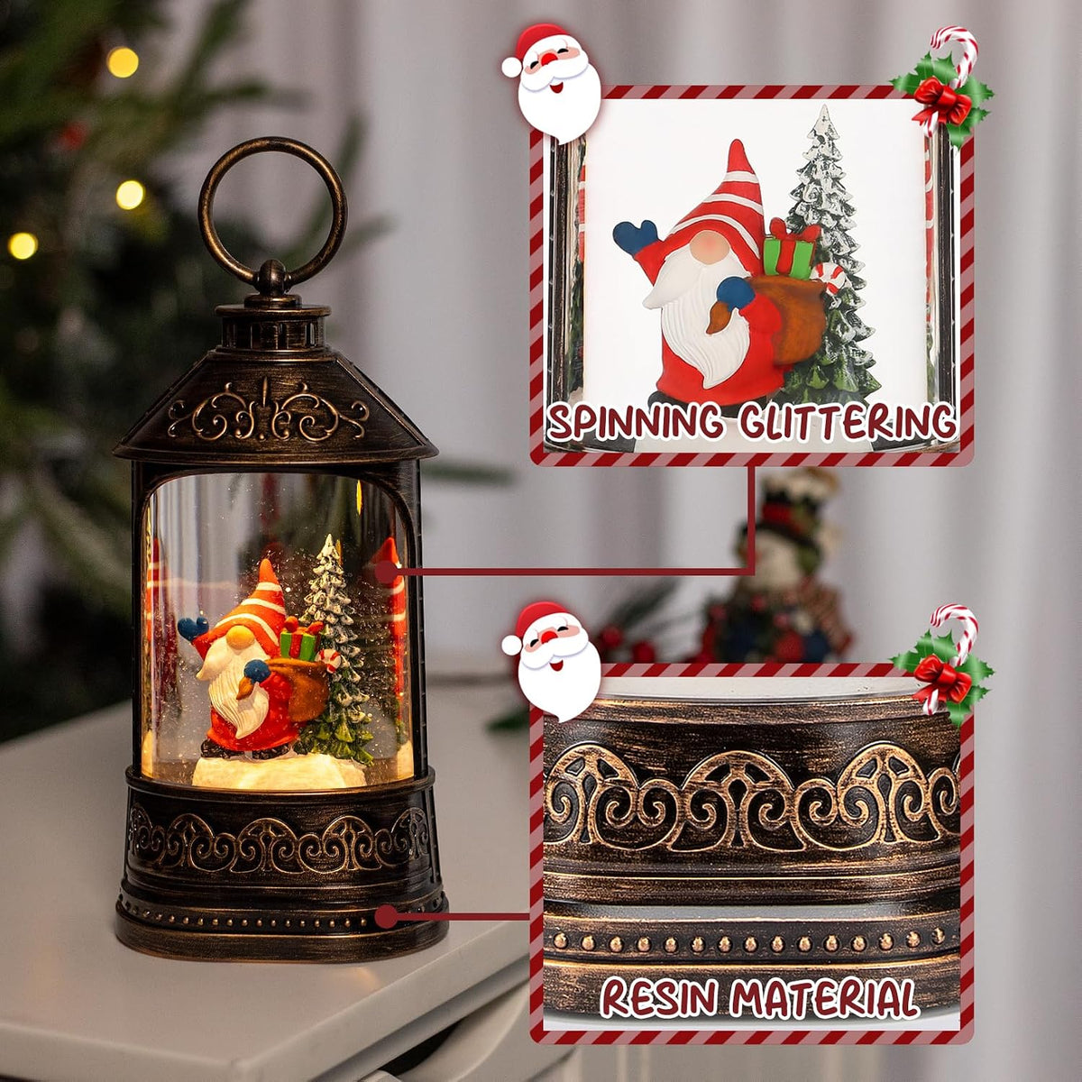 Christmas Snow Globe Lantern, Glitter Lighted Gnomes Snow Globe with Music,Musical Christmas Decorations USB and Battery Operated, Gnome Christmas Decor