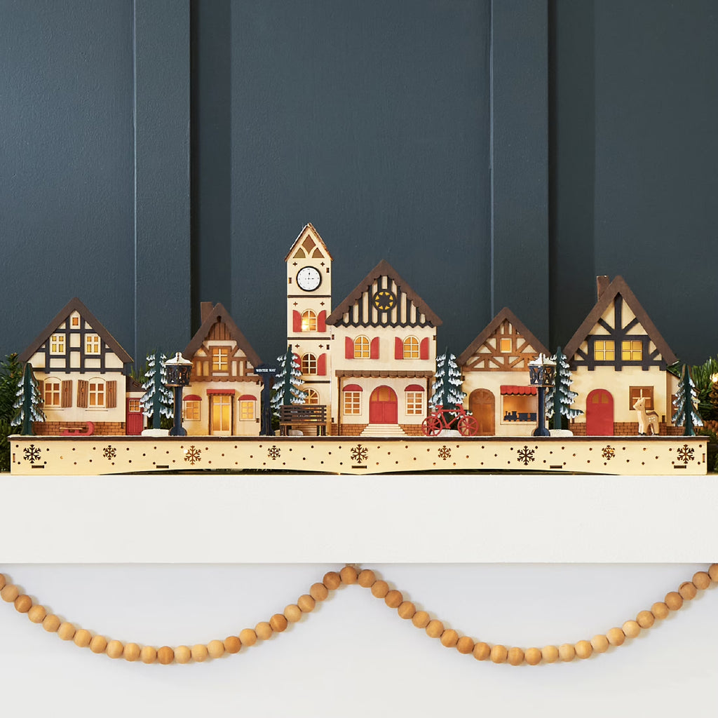Pre-Lit Wooden Christmas Village, Plug-In/Battery-Powered Winter Mantel Decor W/ 20 LED Lights